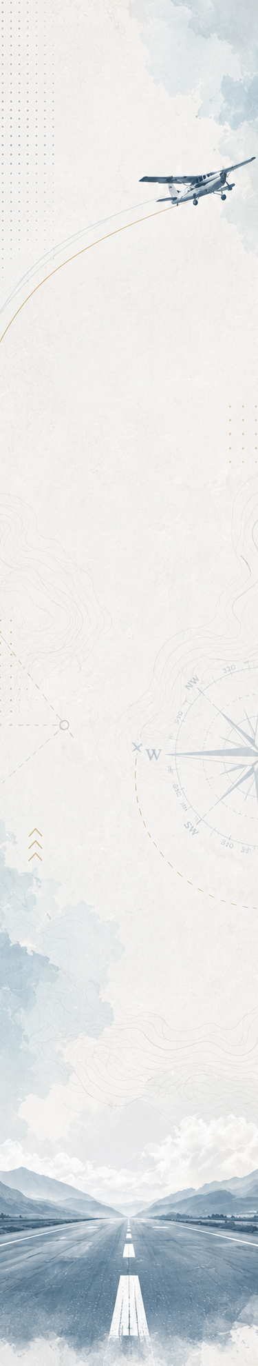 Minimalist aviation background with airplane, flight path, compass, and runway