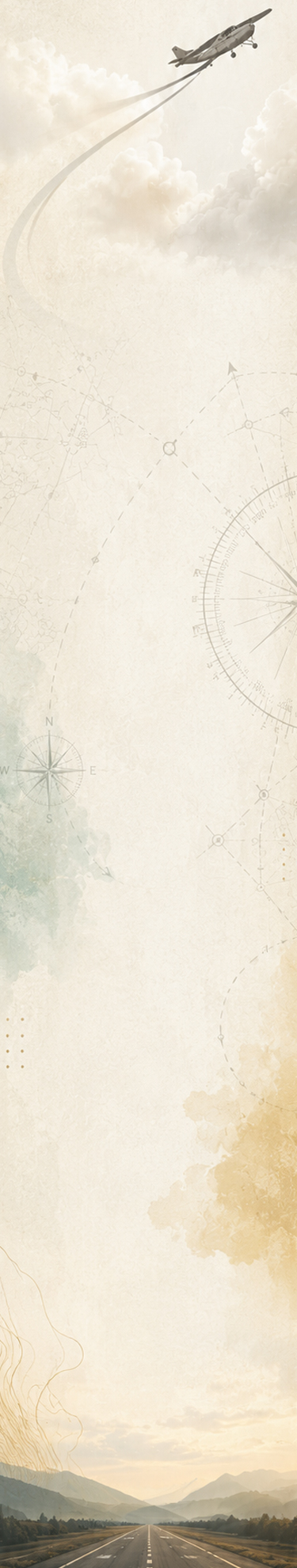 Vintage aviation-themed vertical background featuring a small airplane flying through clouds, subtle navigation map and compass details, and an airport runway leading toward distant mountains